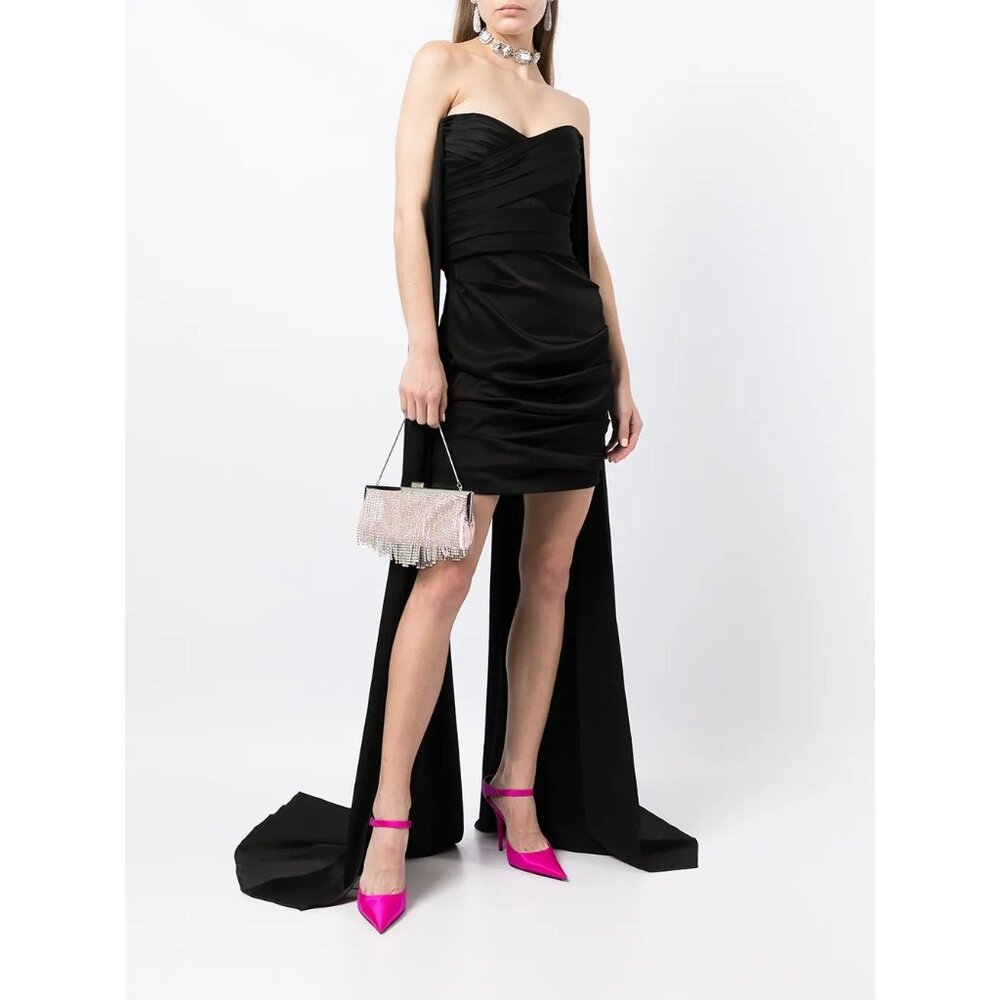 NWT $4896 Alex Perry Tristan Satin Crepe Strapless Cape Mini Dress Black
